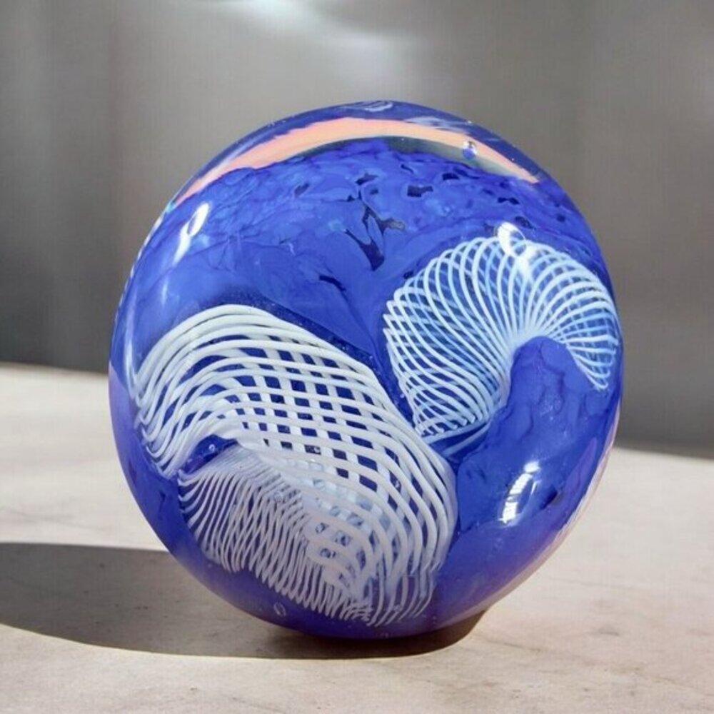 Murano Art Glass Paperweight Orb Cobalt Blue White Cane Venetian Italy Glass VTG